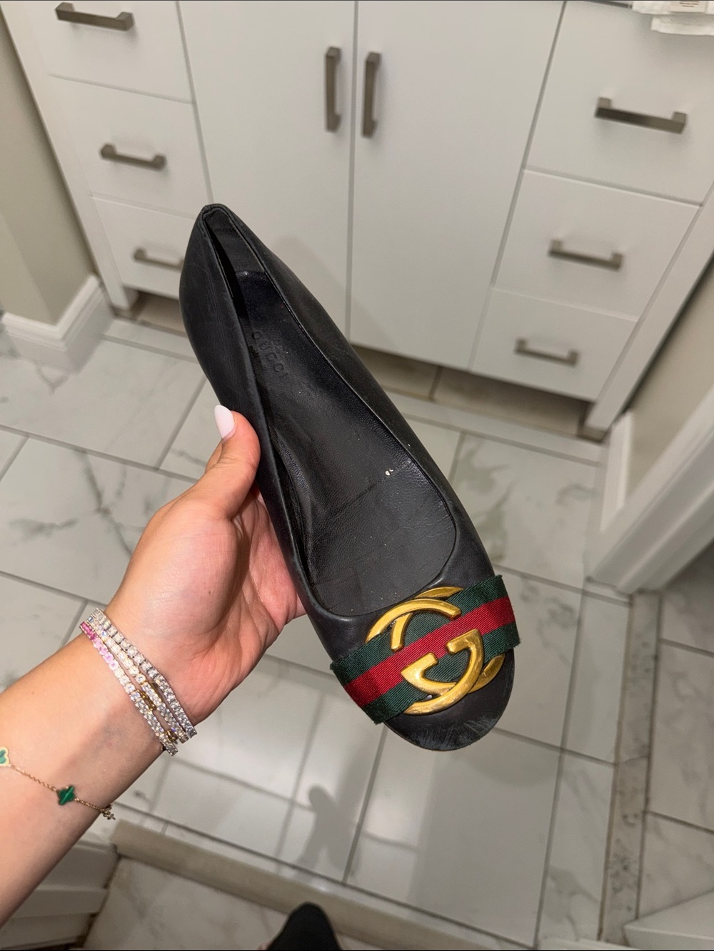 Gucci Black Leather Flat with Green-Red Web and Gold GG
